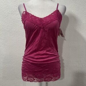 Vtg Y2K lace trimmed Pink Tank Cami top adjustable straps‎ women L Bongo Ruched